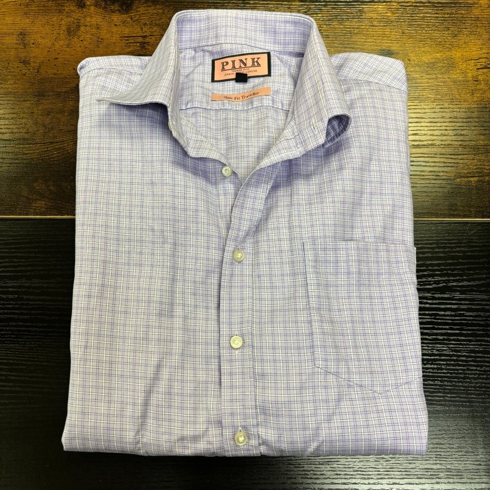 Thomas Pink Slim Fit Traveller Shirt Mens 17.5 Purple White Micro Check Grid